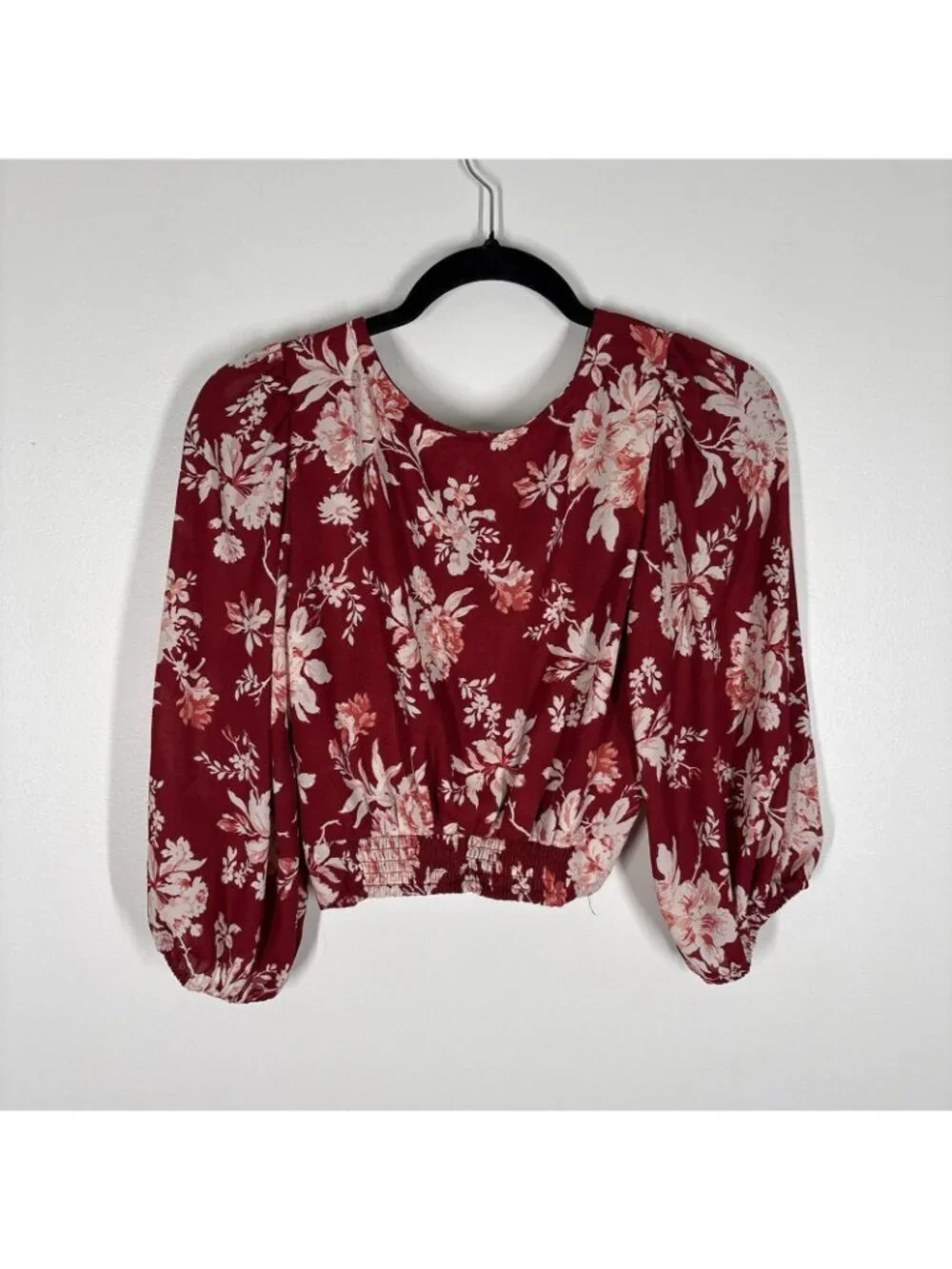 Abercrombie & Fitch Women S Red Floral Puff Sleeve Twist Knot Front Crop Blouse